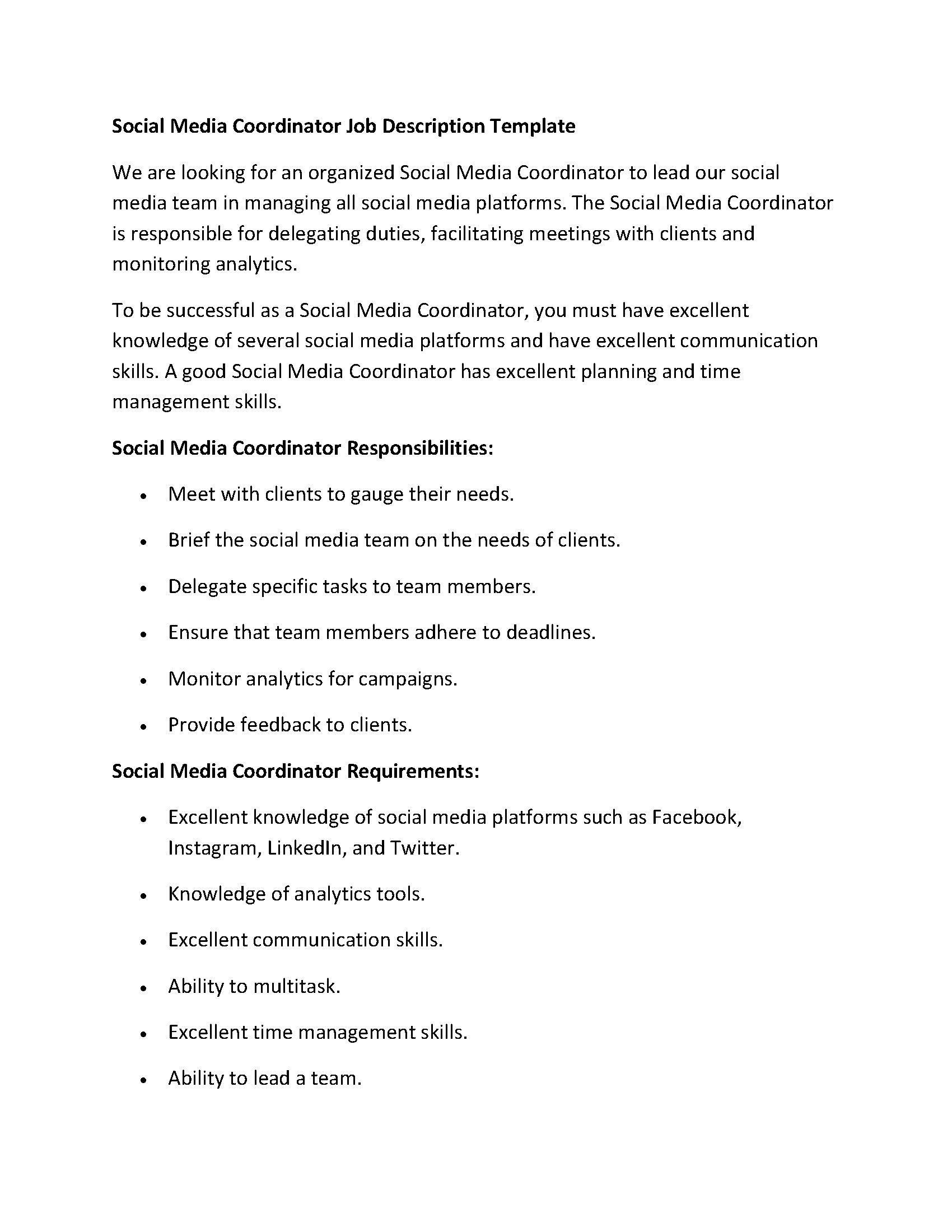 Social Media Coordinator Job Description Template